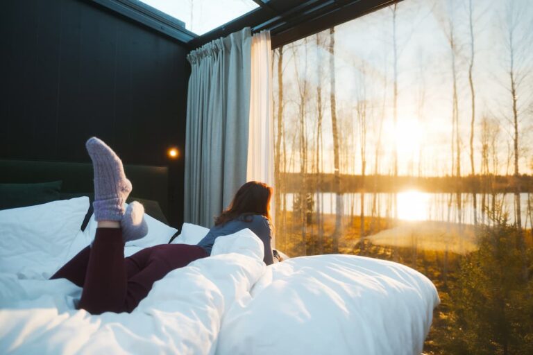 Lazy weekend at SIlver Birch Resort glass cabins. Sunny autumn view. Location: Rovaniemi, Lapland